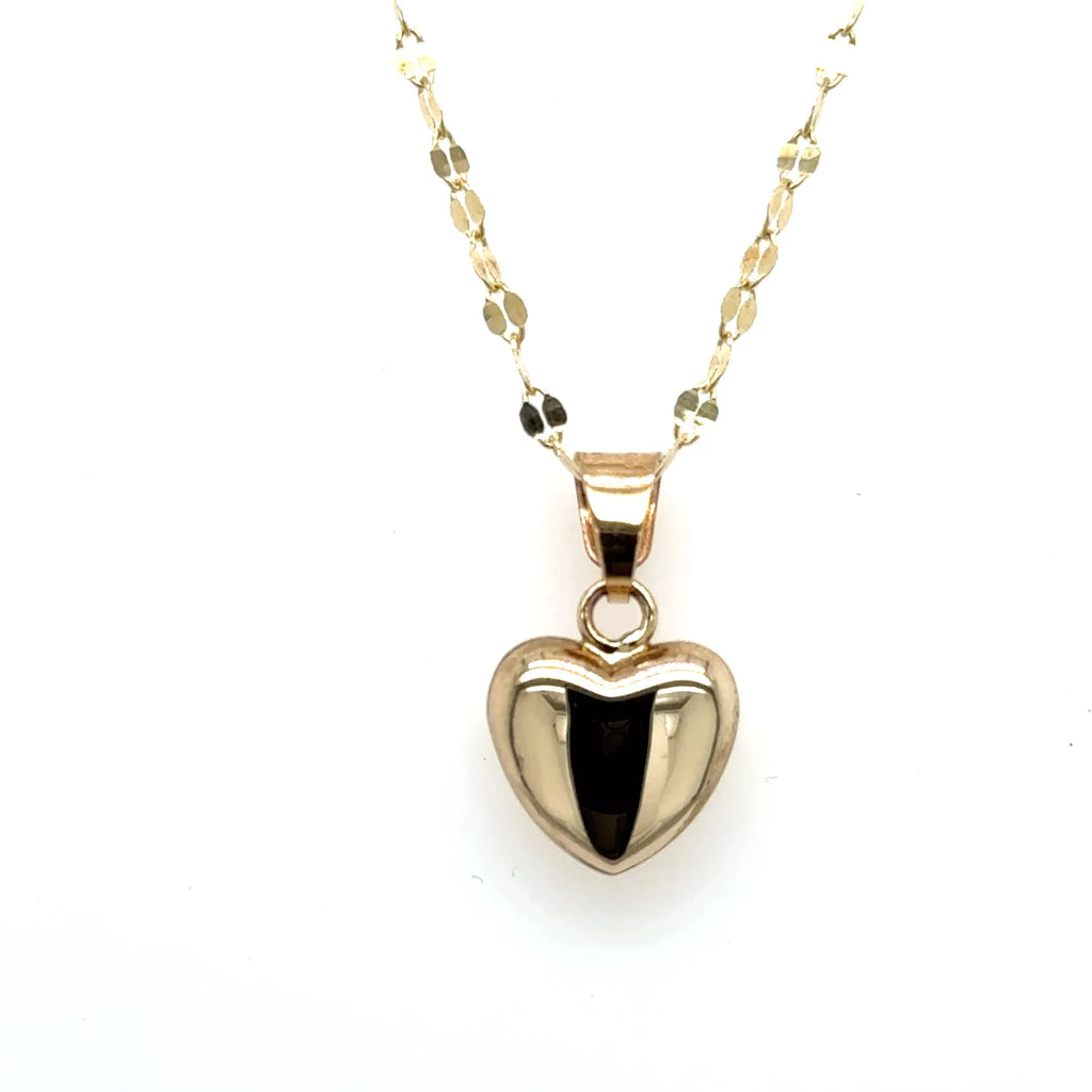 10k Yellow Gold Puff Heart Pendant With Mirror Chain