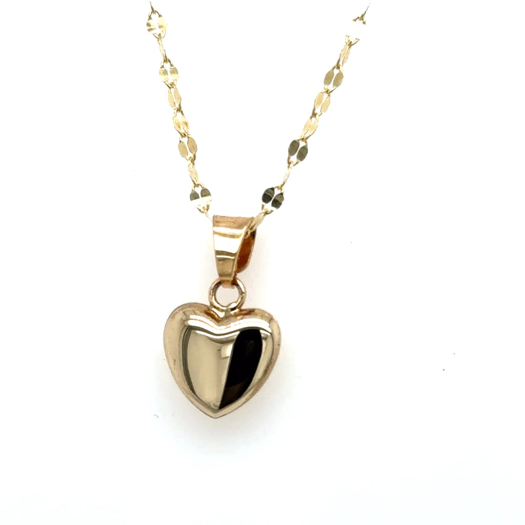 10k Yellow Gold Puff Heart Pendant With Mirror Chain