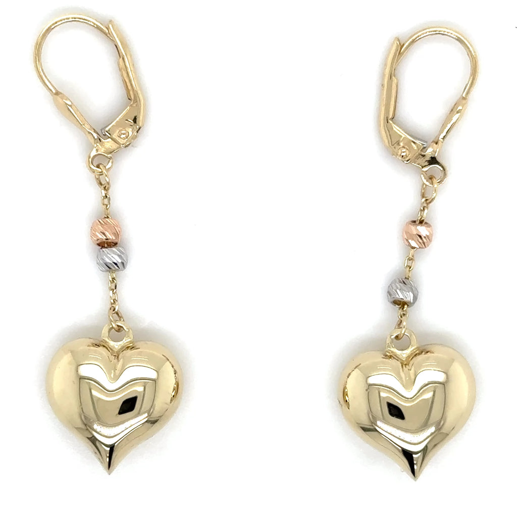 14k Tricolor Gold, Dangle Heart Earrings