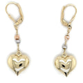 14k Tricolor Gold, Dangle Heart Earrings