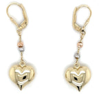 14k Tricolor Gold, Dangle Heart Earrings