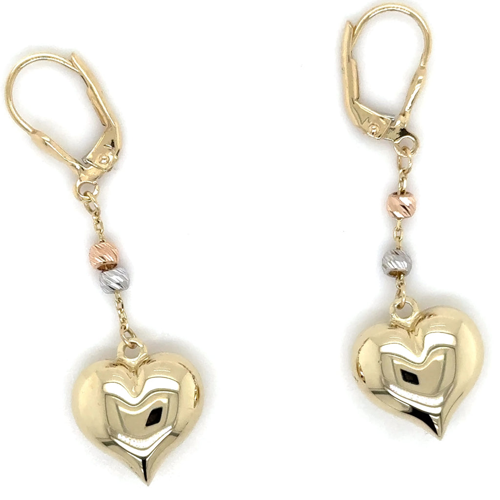 14k Tricolor Gold, Dangle Heart Earrings