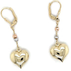 14k Tricolor Gold, Dangle Heart Earrings