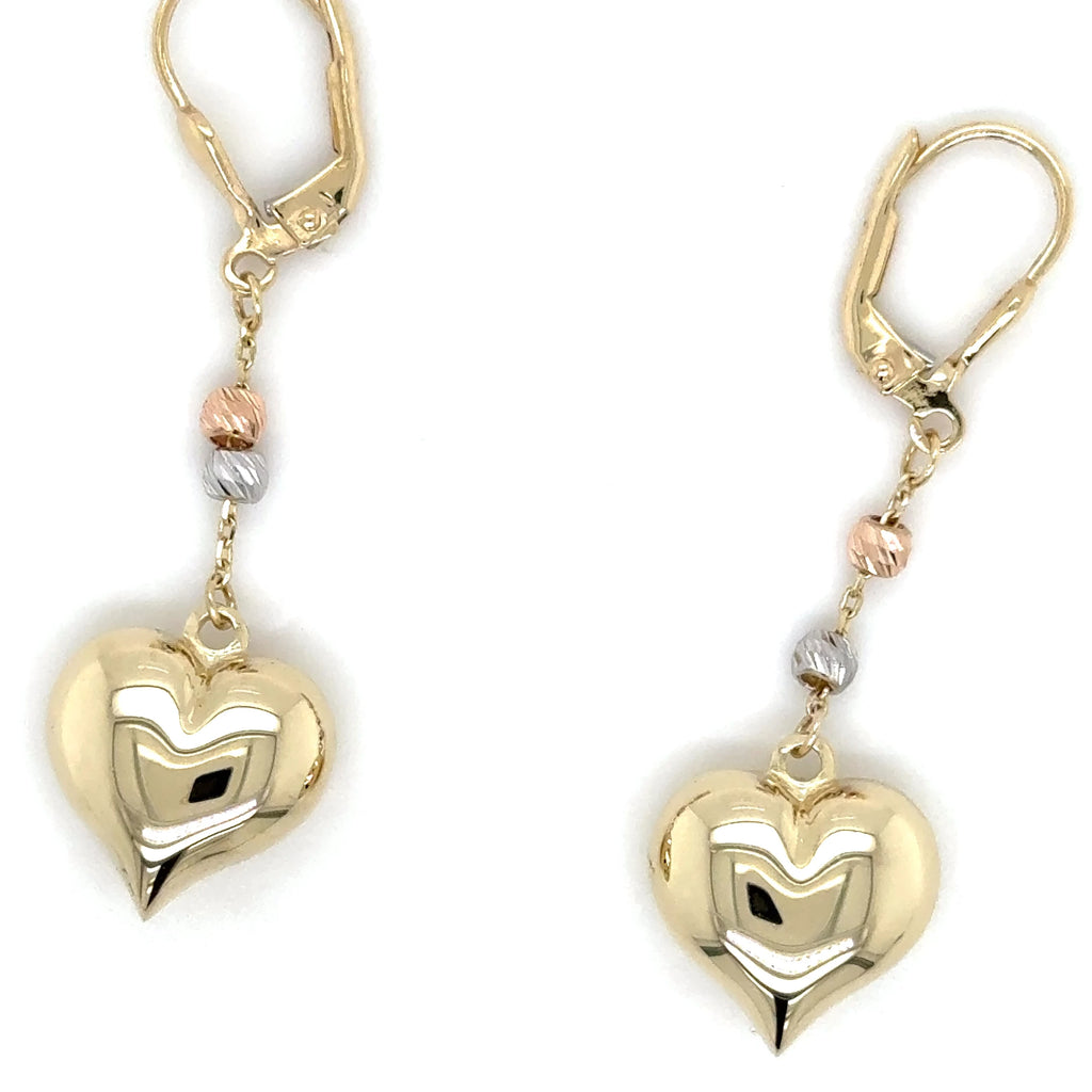 14k Tricolor Gold, Dangle Heart Earrings
