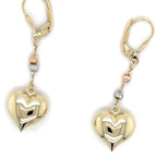14k Tricolor Gold, Dangle Heart Earrings