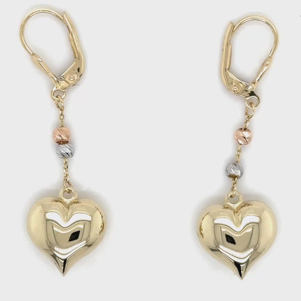 14k Tricolor Gold, Dangle Heart Earrings