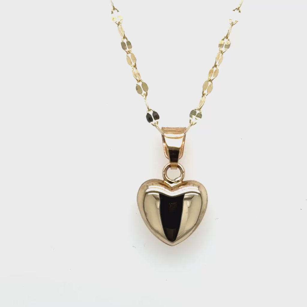 10k Yellow Gold Puff Heart Pendant With Mirror Chain